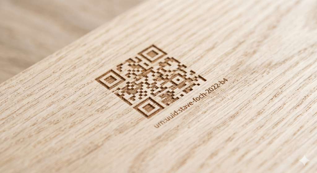 A macro close-up of the light-colored grain of a white oak board. A small, precise QR code is laser-etched into the wood grain. Next to the QR code, a series of tiny numbers read "urn:uuid:stave-foch-2022-b4". The lighting is soft and industrial, showing the texture of the wood fibers.