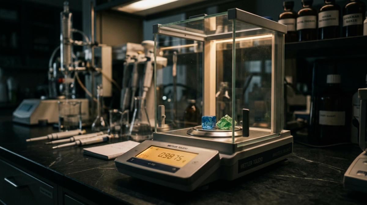Analytical balance weighing two colored crystals in a laboratory