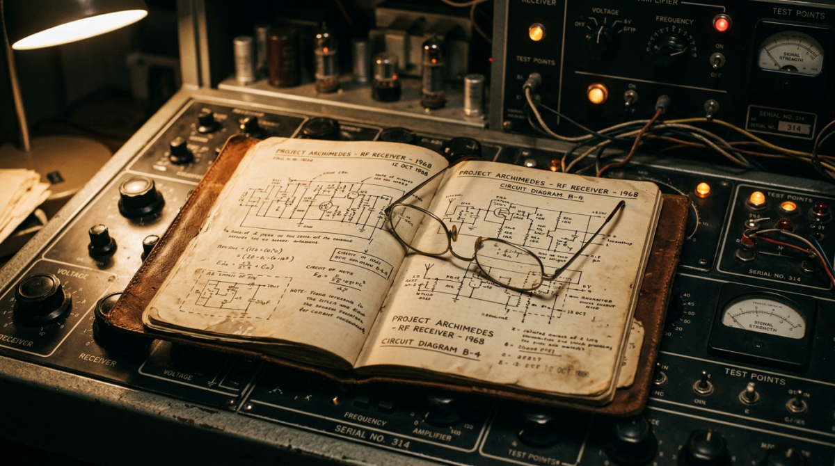 Open schematic book titled Project Archimedes RF Receiver 1968 with circuit diagrams and glasses on radio equipment