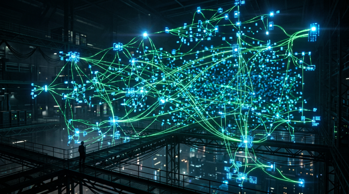 Silhouette of person looking at glowing interconnected network nodes in dark industrial setting
