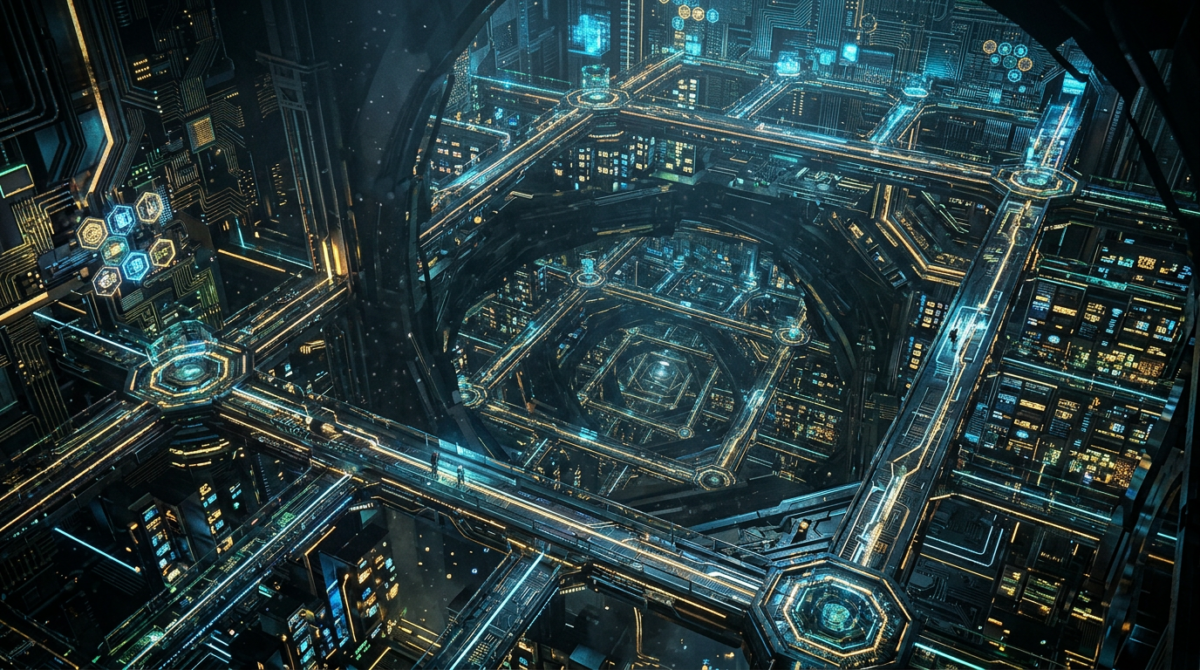 Intricate futuristic data center with glowing blue and yellow circuits and central spiral core