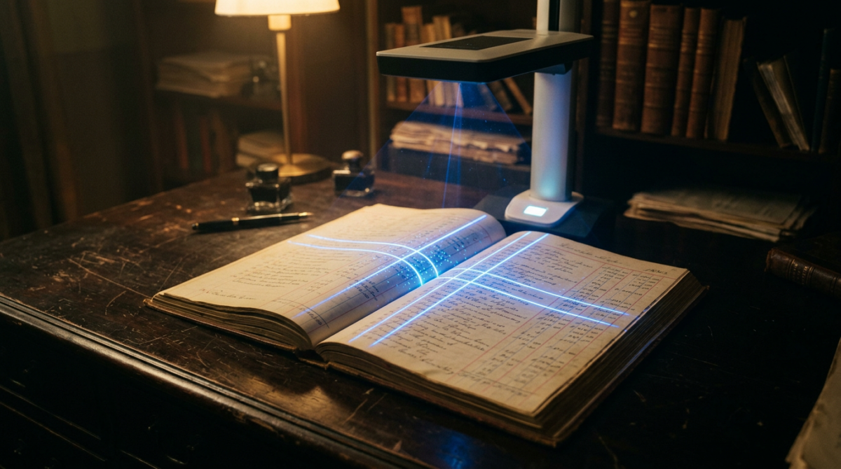 Open ledger book being scanned with an overhead scanner emitting blue light