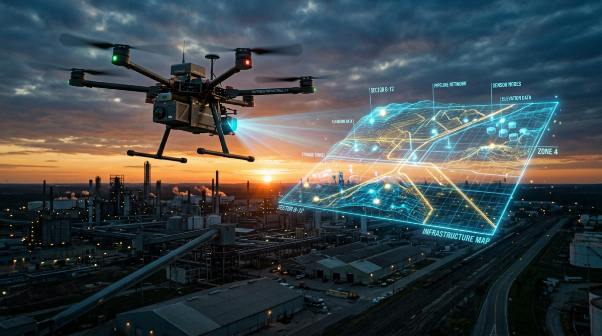 Drone flying over industrial plant projecting holographic infrastructure map with data points