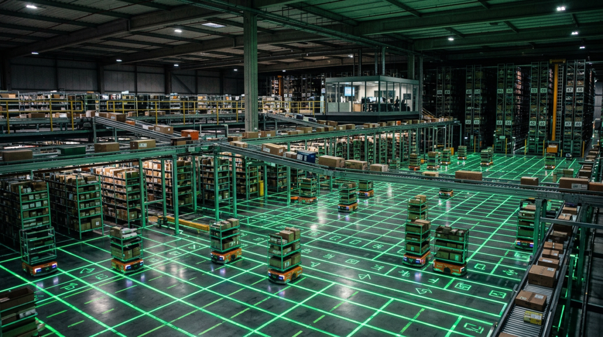 Robotic carts moving packages on a grid in an automated warehouse