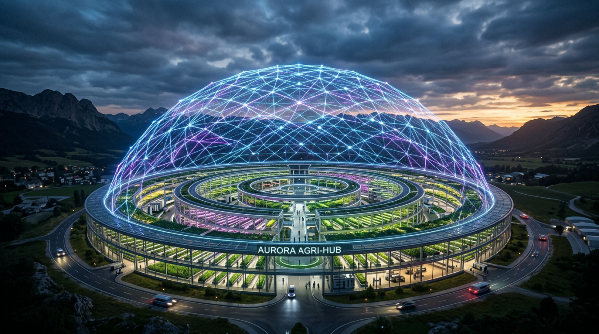 Round multi-level indoor farm facility named Aurora Agri-Hub with a glowing digital network dome above