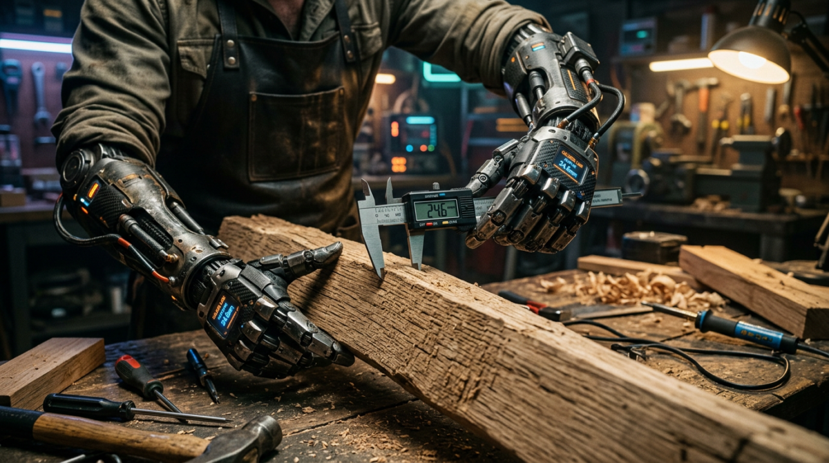 Person with robotic hands measuring a wooden plank using digital calipers in a woodshop