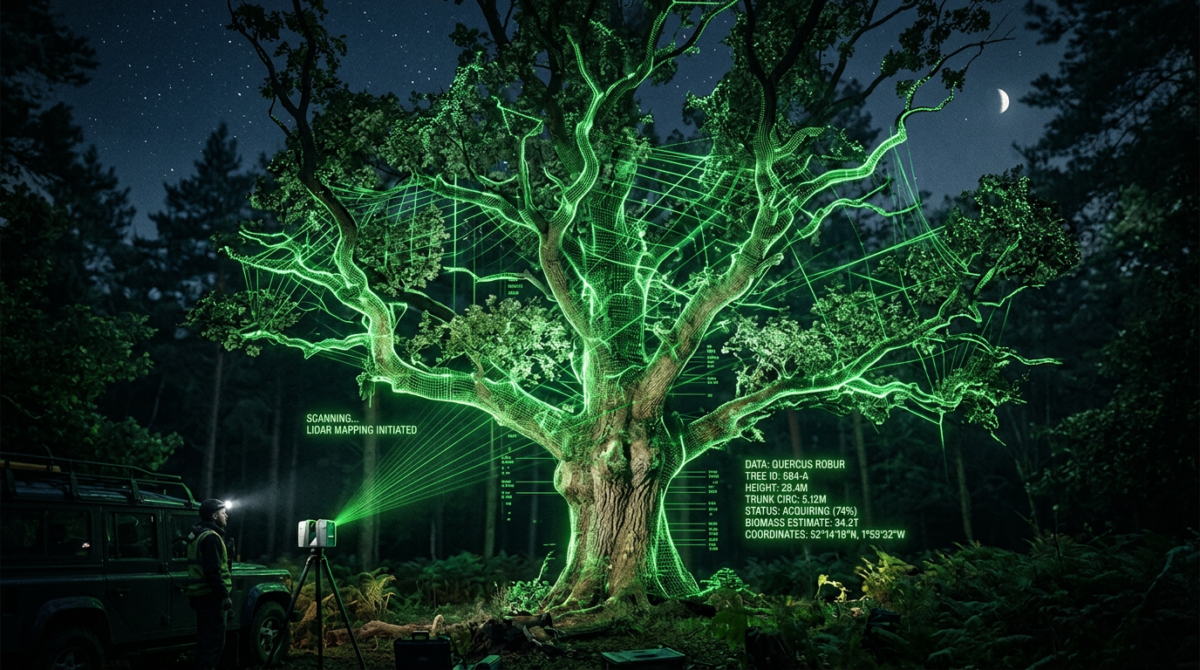 Person using LiDAR scanner to map a large tree with digital data overlay at night