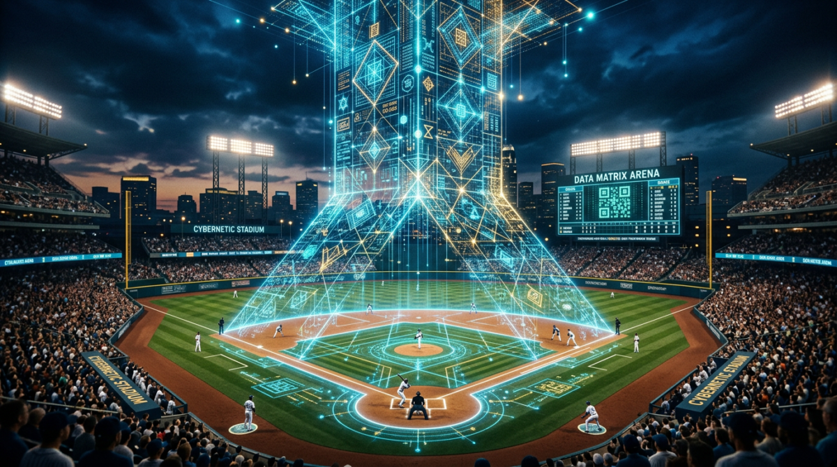 Baseball game in a stadium with futuristic digital overlays and data visualization