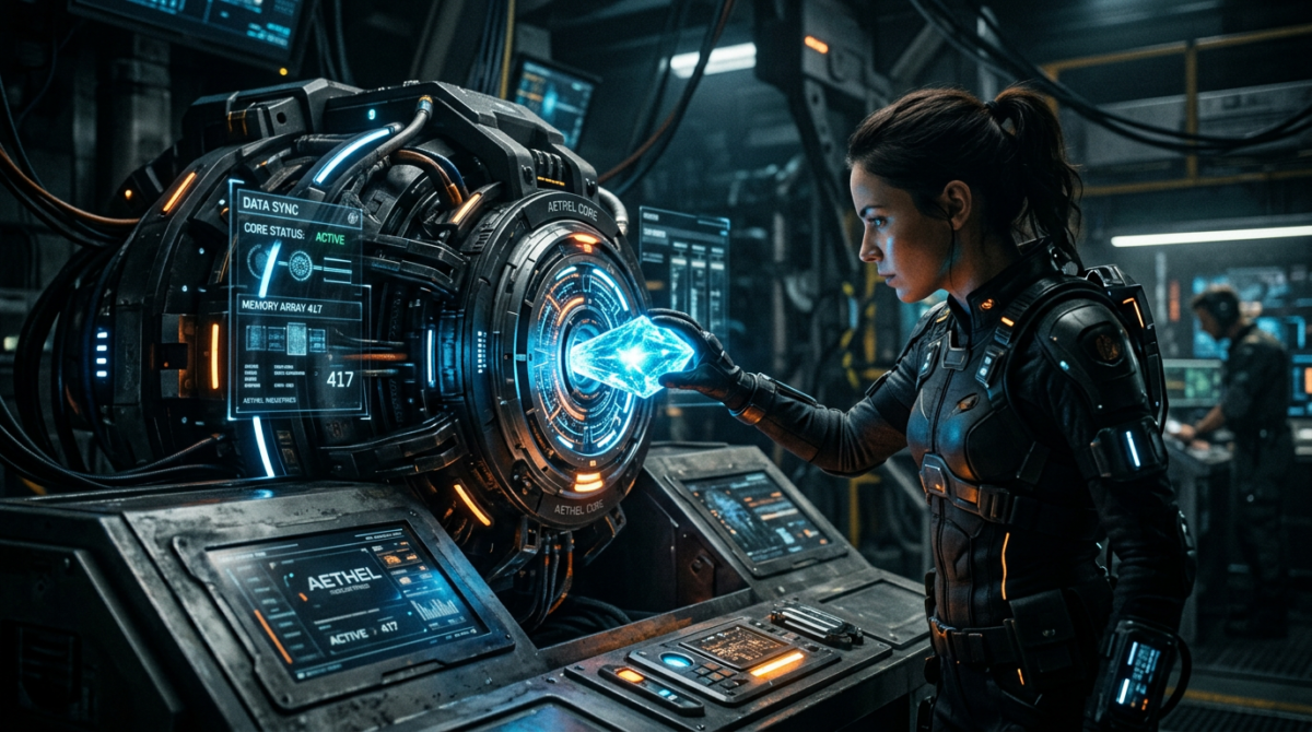 Scientist holding glowing crystal syncing with futuristic AI core in lab