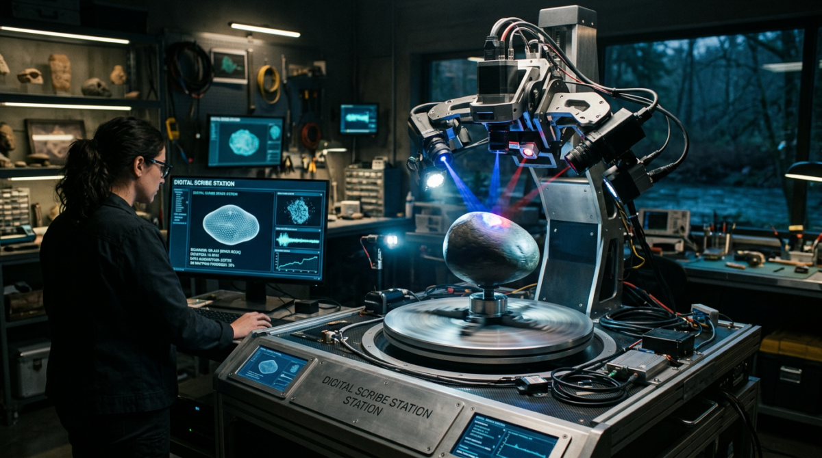 Researcher using digital scribe station with robotic arms scanning a spherical object