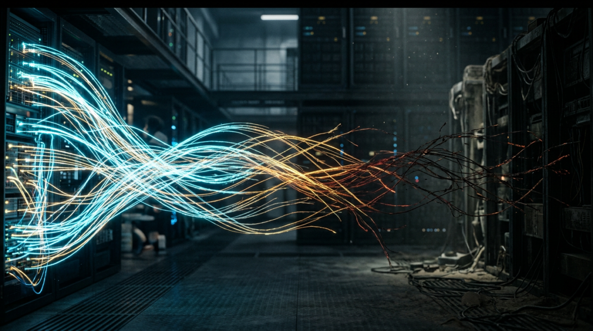 Blue and orange digital data streams flowing between server racks in a data center
