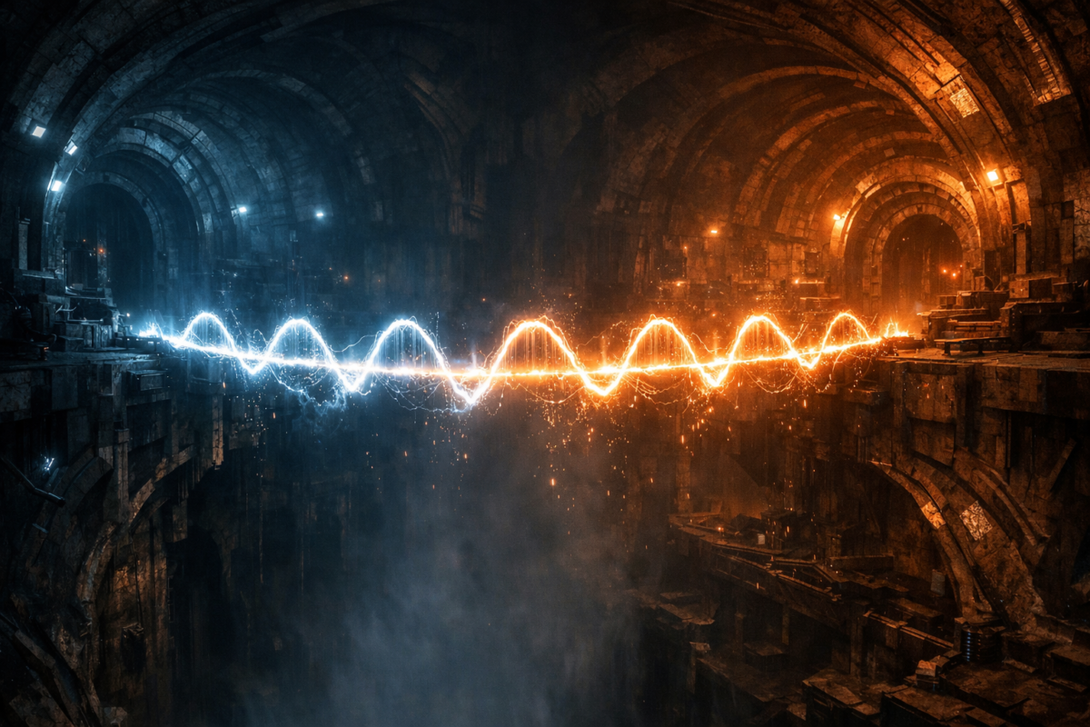 Blue and orange electric wave with sparks in an ancient stone tunnel