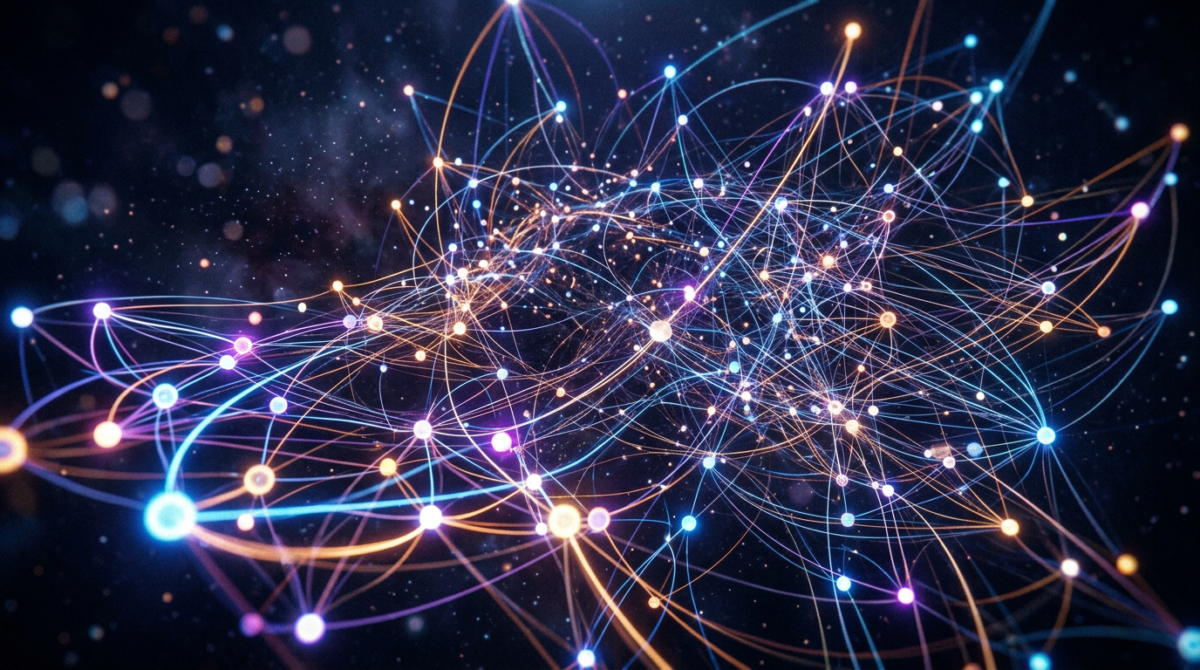 Interconnected glowing nodes and lines forming a complex neural network structure