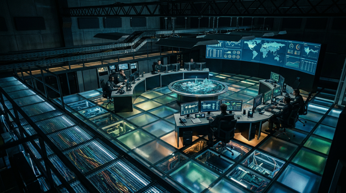 Command center with operators at computer stations monitoring global data and maps