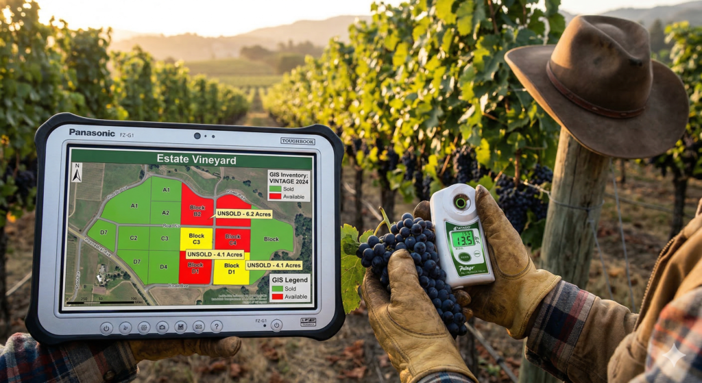 A rugged tablet displays a precision block map of a vineyard. A farmer's gloved hand holds a refractometer reading "13.5 Brix" next to a bunch of Pinot Noir grapes. Morning sunlight illuminates the scene.