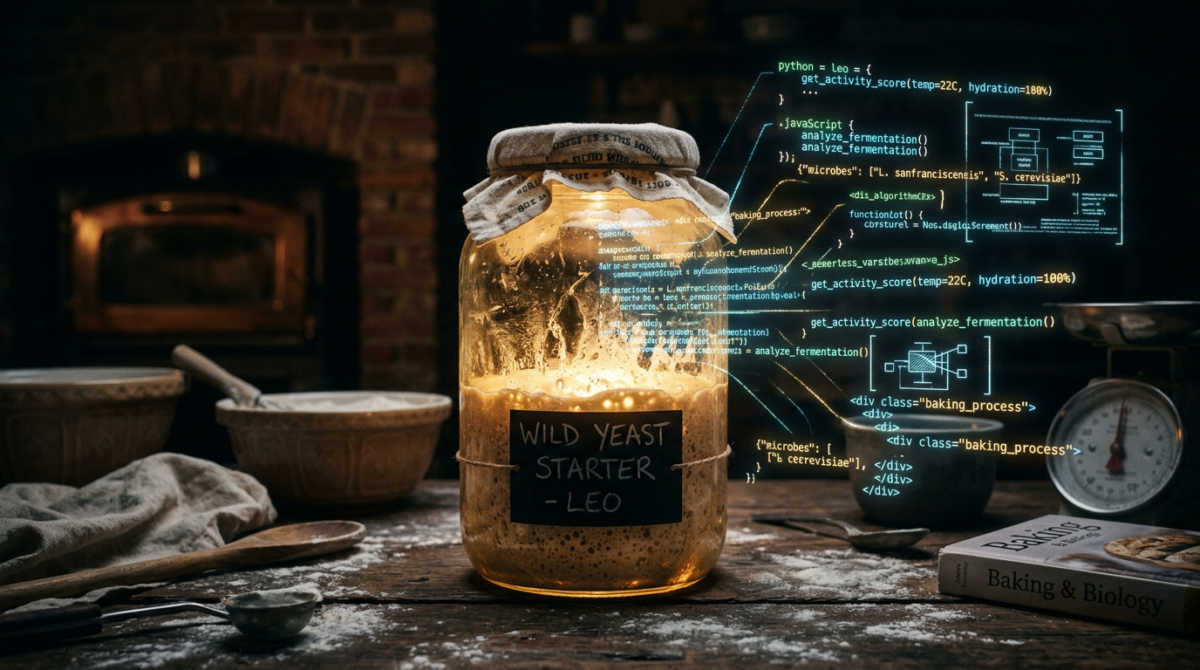 Jar of wild yeast starter named Leo with fermentation code snippets