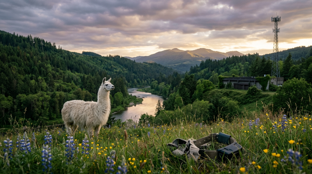 A white llama stands calmly in a wildflower meadow at dusk, overlooking a forested Pacific Northwest river valley with distant mountains and a cell tower. The llama wears no collar. In the foreground grass lies a discarded electronic tracking collar, removed and abandoned.