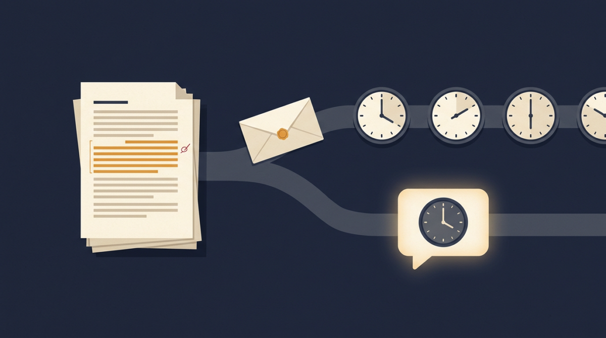 Illustration of a corrected documentation page sending a sealed memo along two diverging paths: one through a row of clocks showing different times, the other through a glowing chat bubble with a clock of its own.