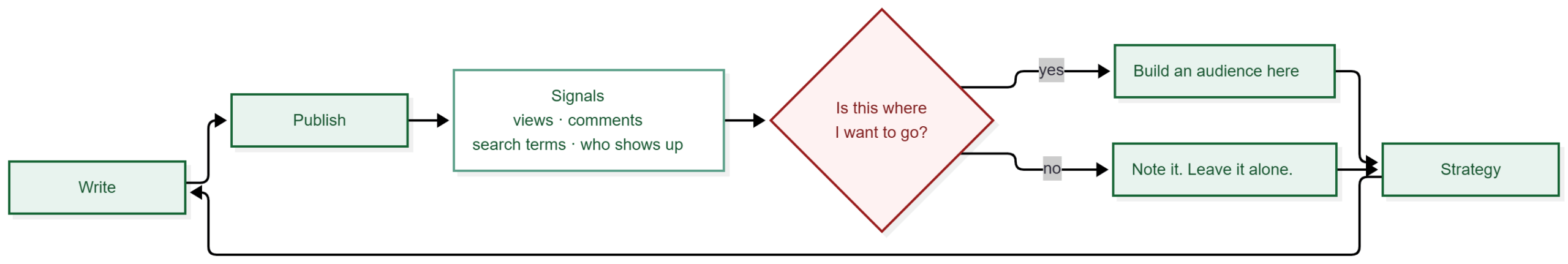 Cycle diagram. Writing leads to publishing, which produces signals: views, comments, search terms, and who shows up. The signals reach a decision point asking whether this is where the writer wants to go. Yes leads to building an audience there. No leads to noting it and leaving it alone. Both paths feed into strategy, which returns to writing.